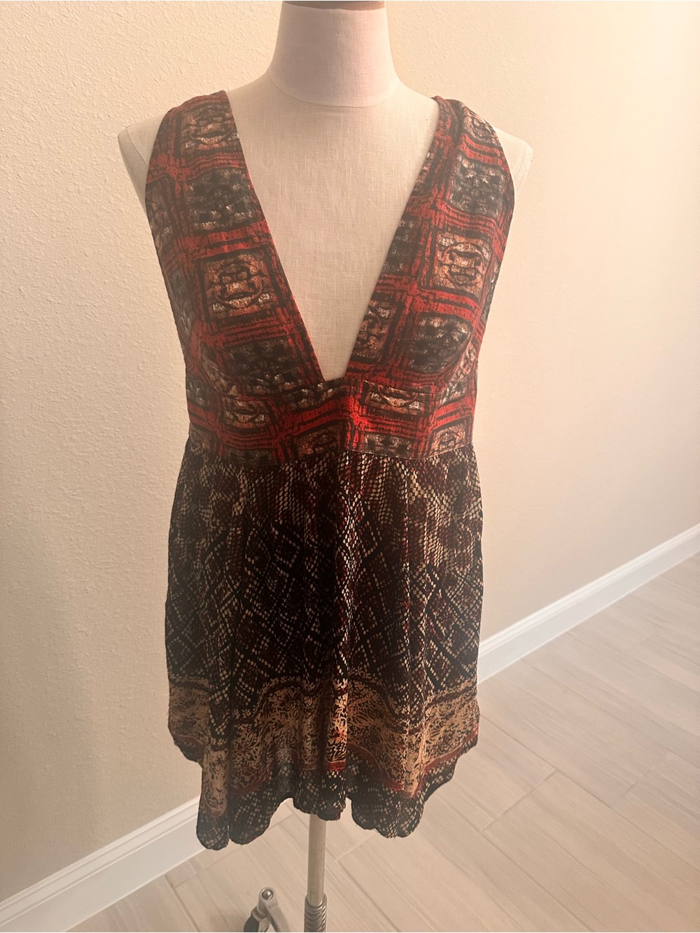 Free People Summer Red and Black Printed Dress
